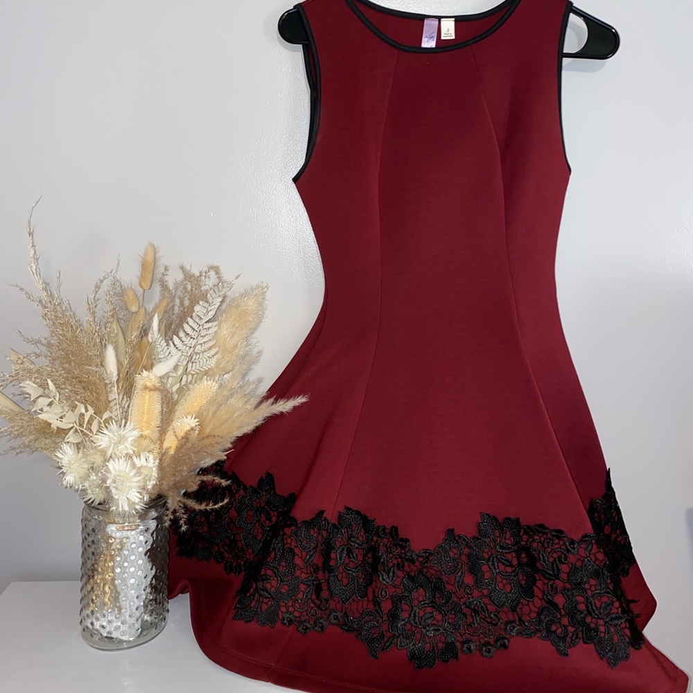 Size Small, Maroon Dress with Black Lace